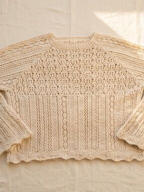 Relaxed Cream Openwork Crew-Neck Sweater